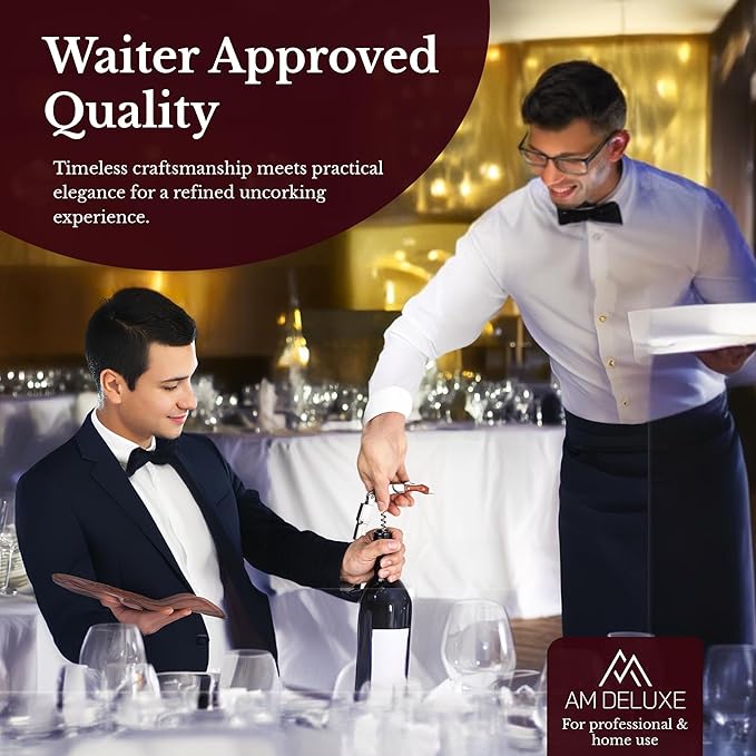 Premium AM DELUXE Waiter Corkscrew Wine Opener - Wine Key For Servers, Bartenders, Heavy Duty Stainless Steel & Pakka Wood Inlay, Serrated Foil Cutter, Cork Screw Wine Bottle Opener, Magnetic Gift Box