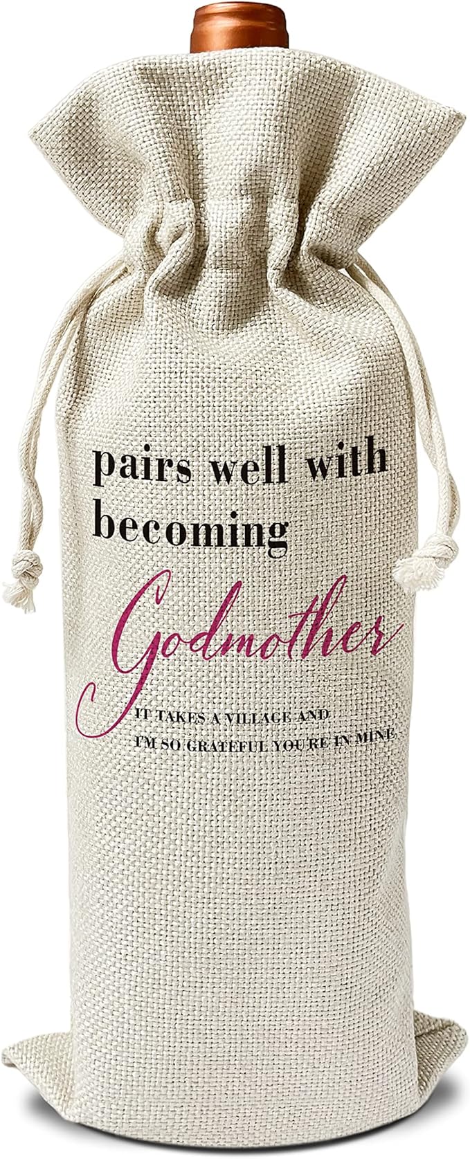 Godmother Wine Gift Bags - Gift for Godmother, Aunt, Godparent, Baptism - Reusable Burlap With Drawstring Gift Bag (5.5"x 13.5")-1 Pcs/jiu070