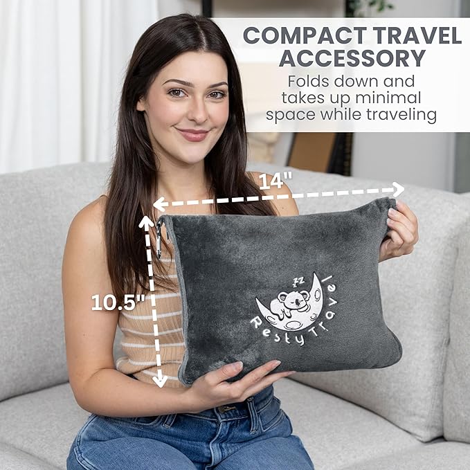 Resty Travel Blanket - Compact Airplane Blanket with Bag - Small and Lightweight Traveling Blanket & Pillow - Portable Blankets with Carabiner for Easy Transport - Plane Train Car (Deep Gray)
