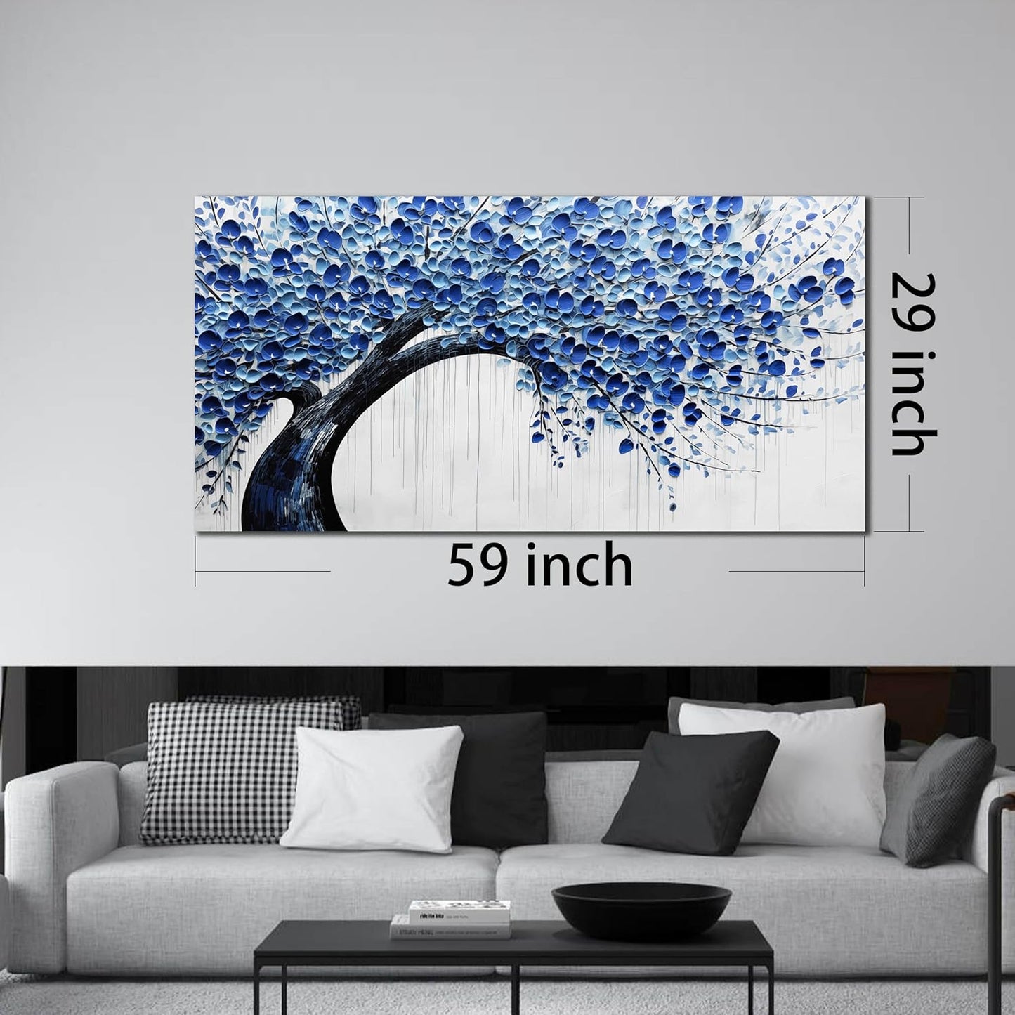 Large Wall Art for Living Room Bedroom Home Office Blue Tree of Life Wall Art Floral Picture Framed Wall Decor Modern Canvas Prints 29x59 In