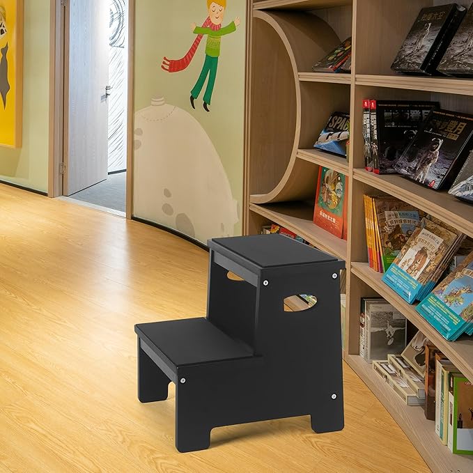 Kids Step Stool Black Stepping Stool 2 Step Stools for Toddlers Bathroom Kitchen Counter Sink Wooden Step Stool Portable Baby Childrens Wood Toddler Foot Bed Step Stool Kids Potty Training Stool