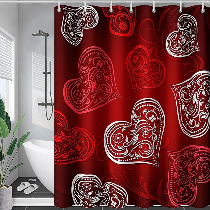 AILONEN Heart Love Shower Curtain for Bathroom, Red and White Floral Hearts Print Bath Curtain,Minimalism Hearts Decoration Shower Curtain Waterproof with 12 Plastic Hooks, 72" W*72" H