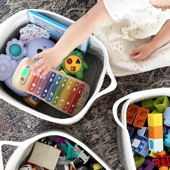 Goodpick Woven Storage Basket for Shelves, Small Laundry Basket for Cloth Towel Shoe, Empty Gift Basket with Handles, Grey and White Square Basket, 13 x 10 x 9 Inches