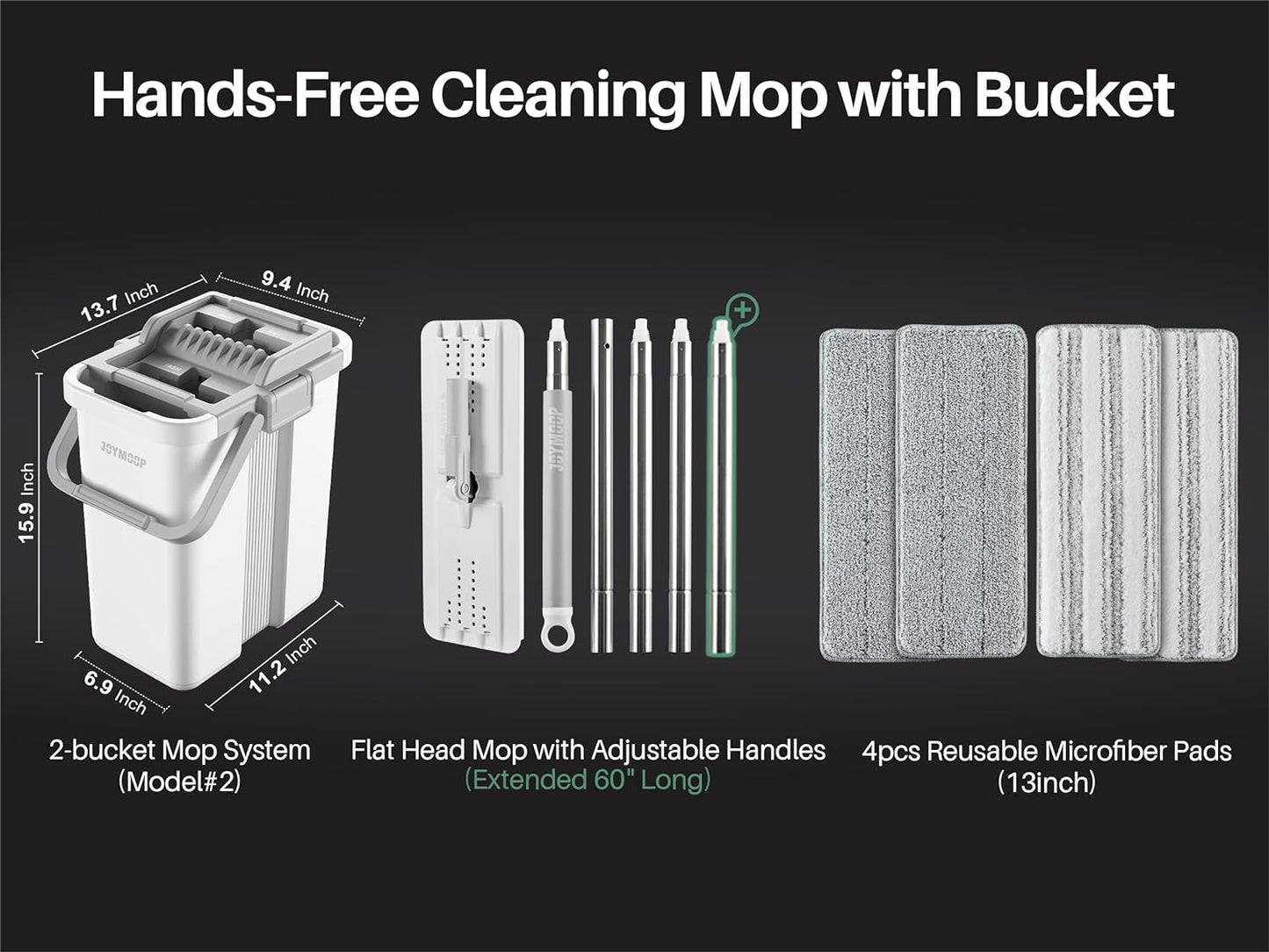 JOYMOOP Mop and Bucket with Wringer Set, Flat Squeeze Mop Flat Head, Dust Mops for Wall Cleaner with Long Handle, Hands-Free Microfiber Mops for Floor Cleaning - White