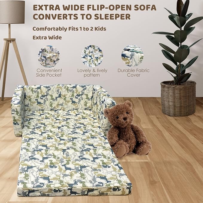 Kids Sofa, Children's Extra Wide Convertible Sofa to Lounger - Extra Soft 2 Seats 2 in 1 Flip Open Chair & Sleeper, Cute Dinosaur Print Toddler Chair Kids Couch for Kids Girls Boys