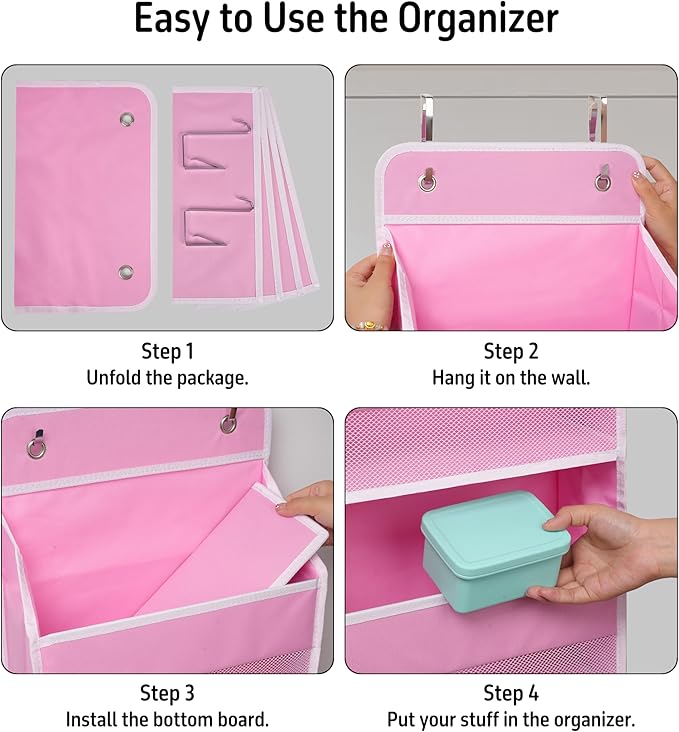 Heavy Duty Over Door Organizer, Hanging Organizer Storage with 4 Large Capacity Pockets, Closet Bathroom Nursery Bedroom Dorm, Toys Cosmetics Sundries and Baby Essentials, Pink