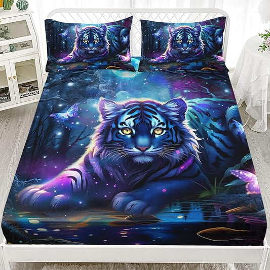 AILONEN Tiger Fitted Sheet Set Twin XL Size, Fairy Starry Forest Cute Tiger Sheet Wildlife Bed Sheet Set,3 Pieces Printed Fitted Sheet with 2 Pillowcases