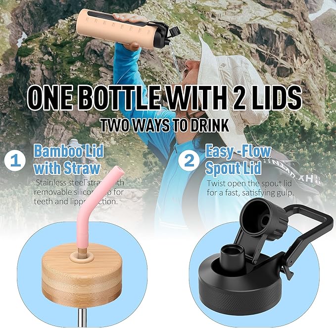 Glass Water Bottles with Straw -32oz- Water Bottle Phone Holder for Gym Large Motivational Water Bottle with Time Marker Glass Drinking Bottles 2 Lids - Spout & Bamboo Straw Lid(Pink)