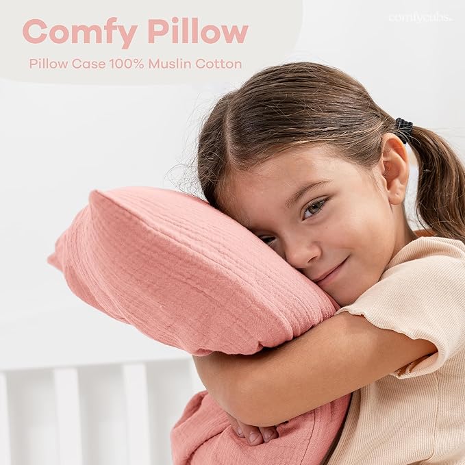 Comfy Cubs Toddler Pillow with Soft Muslin Pillowcase, 13"x18", Blush - Kids Pillow for Sleeping & Travel - Adorable & Comfortable Small Pillow - Kids Travel Pillow with Breathable Microfiber Fill