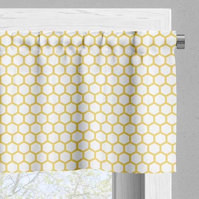 Ambesonne Yellow and White Valance & Tier Curtain 3 pcs Set, Hexagonal Pattern Honeycomb Beehive Simplistic Geometrical Monochrome, Window Treatments for Kitchen Room Decor, 55" x 36", White Yellow