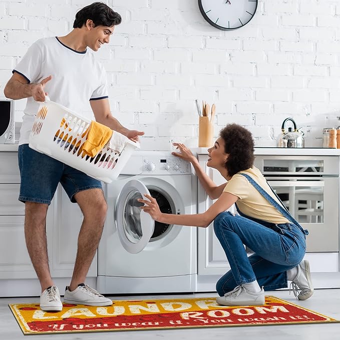 Machine Washable Bubbles Design Laundry Room Rug Non-Slip Rubberback 2x5 Laundry Runner Rug for Laundry Room, Bathroom, Washroom, 20" x 59", Red/Yellow