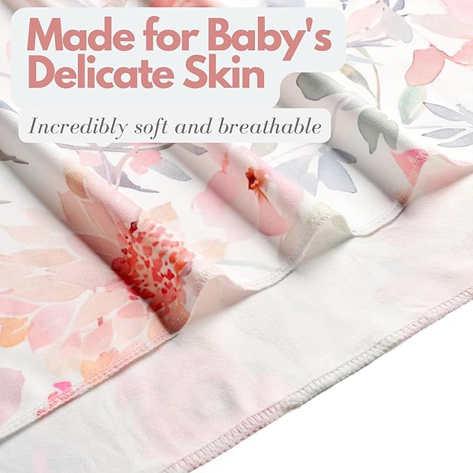 Newborn Baby Girl Receiving Blanket Swaddle Blanket Stretchy Knit Swaddle Set with Matching Headband Beanie with a Name Card (Pink Floral Ink Leaf)