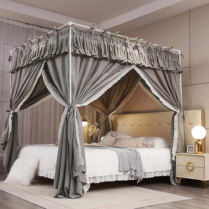 4 Corners Post Princess Ruffle Curtain Bed Canopy Lace Up Elastic Cozy Breathable Tent Mosquito Net for Girls Bedroom Decoration(Grey, 59-64" W*82" L*82" H/Queen)