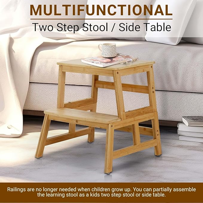 COSYLAND Kids Kitchen Step Stool，Toddler Standing Tower with CPC Certification, Removable Anti-Drop Railing Safety Rail Enjoys Unique Patented Design A Anti-tip Structure More Stable, Natural Bamboo