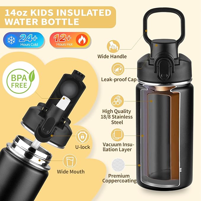 Kids Insulated Water Bottle with Straw,14oz Stainless Steel Water Bottle,BPA-free and Leak-proof,Double Wall Vacuum Water Flask for School,Gifts for Boys and Girls（14oz,Black）