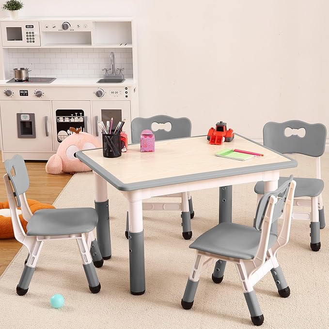 Kids Table and Chairs Set, Height Adjustable Desk With 4 Seats for Ages 2-10,Arts & Crafts Table,Graffiti Desktop, Non-Slip Legs, Max 300lbs, Children Multi-Activity Table for Classrooms,Daycares,Home