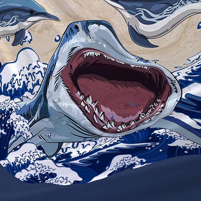 AILONEN Cartoon Shark Shower Curtain for Kids Boys Girls,Blue Ocean Wave with Shark Waterproof Fabric Shower Curtain for Bathroom,Jumping Dolphin Shower Curtain Set with Hooks,72" W*84" H