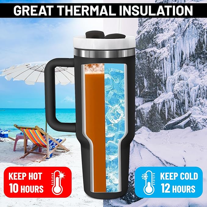 40oz stainless Steel Insulated Tumbler with Handle, lid and straw for cold water, Iced tea, or coffee - 100% Leak-Proof - Cupholder Friendly Travel Mug- Gifts for Women Men Him Her (Black)