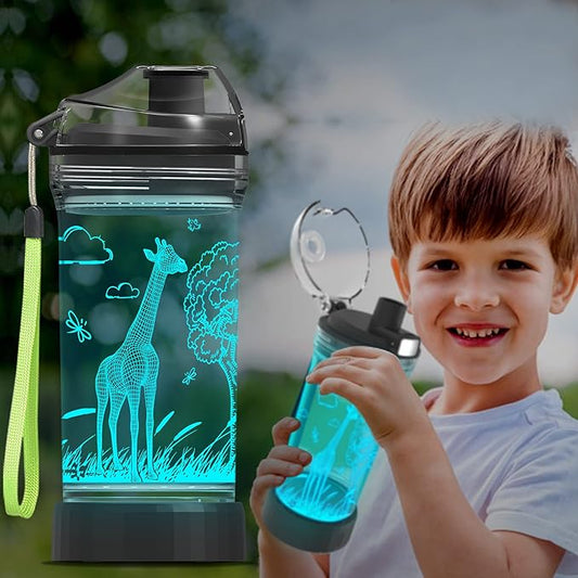 Ammonite Giraffe Kids Water Bottle with 3D Glowing LED Light - 14 OZ Tritan BPA Free - Creative Ideal Travel Cup Gift for School Kid Boy Child Holiday Camping Picnic