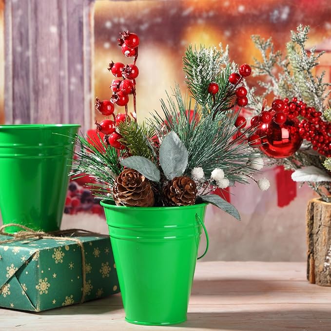 Sadnyy 12 Pack Metal Buckets with Handle, Galvanized Bucket 4.5 x 5 Inch Basket Bucket for Kids, Kids Party Supplies, Crafts for Christmas Halloween Christmas Candy Bars Vase Crafts(Green)