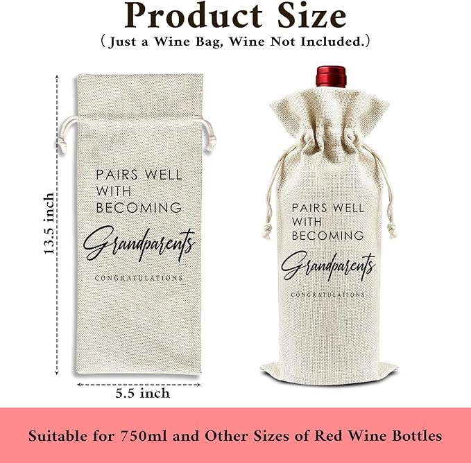 Pairs Well with Becoming Grandparents - Gifts for New Grandma Grandpa Wine Bags, 1 PC Reusable Drawstring Burlap Wine Bottle Bags, Baby Announcement Gifts for Dad Mom, Wine Accessories -46