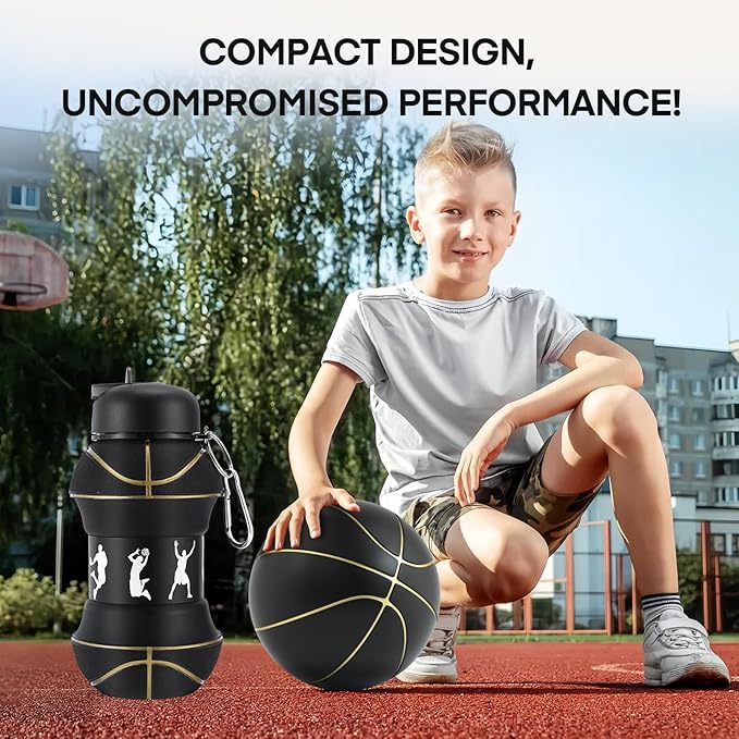 Kids Sports Collapsible Water Bottle | Ball Shaped Drinking Cup | Foldable BPA Free Leakproof Lightweight Silicon Jug | School Lunch Mug Team Gift Travel (Basketball Black 550ml/18.6oz)