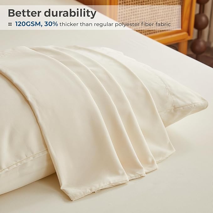 Twin Sheets Cream, Ultral Soft Cationic Linen Look Sheets, Luxury Cooling Cozy Bed Sheet Set with Non-Slip Fitted Sheet