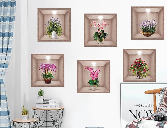 DTLIFEK 3D Green Plants Wall Decals 3D Flowers Vase Wall Sticker Green Pot Plants Wall Decor Colorful Floral Blossom Botanical Wall Panels Removable Peel and Stick Wallpaper for Bedroom Kitchen 39090