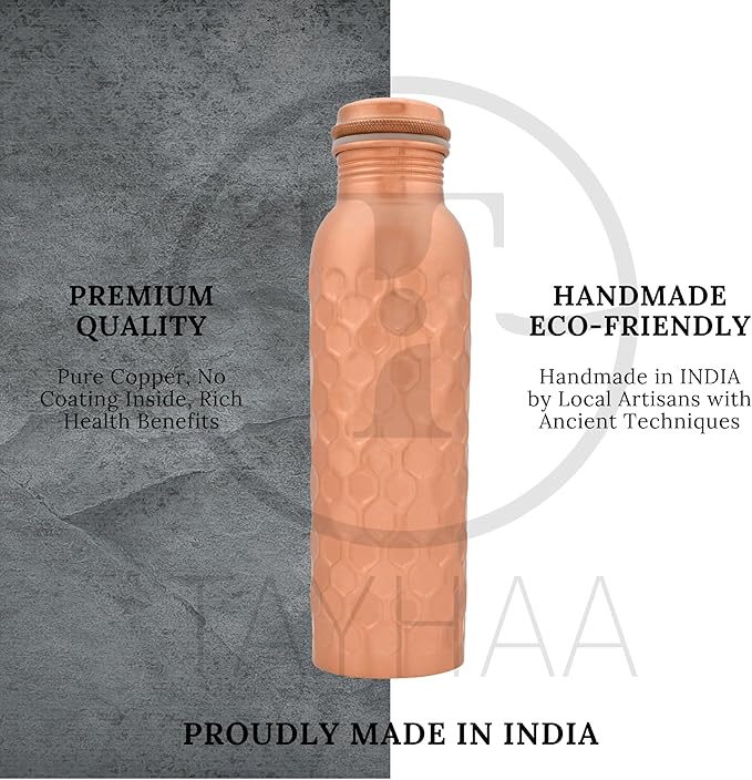 Pure Copper Metal Water Bottle - Indian Hand-Crafted Ayurveda Healing Benefit Water Bottle for Drinking, Travel, Hiking, Gym, Office, Outdoor - Normal Finish - 950 ML