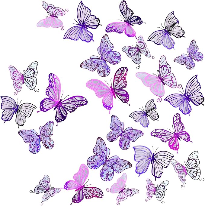 3D Butterfly Wall Decor 48 Pcs 4 Styles 3 Sizes, Butterfly Birthday Decorations Butterfly Party Decorations Cake Decorations, Removable Stickers(Purple)