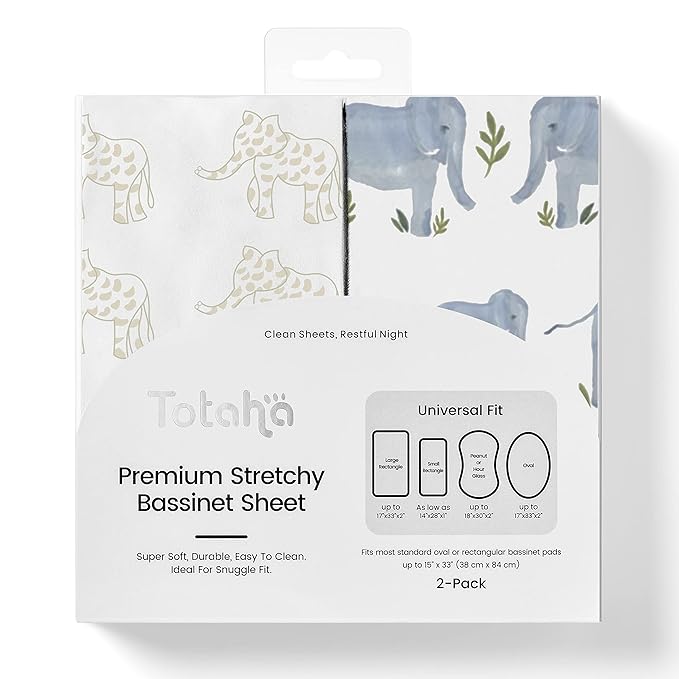 TotAha Premium Stretchy Bassinet Cradle Sheets (2-Pack) -Hypoallergenic, Silky Comfort, Buttery Soft, Calming Effect, All-Season Jersey-Knit Sheets,32 X 16 X 3''(Belgian & Blue Painted Elephant)