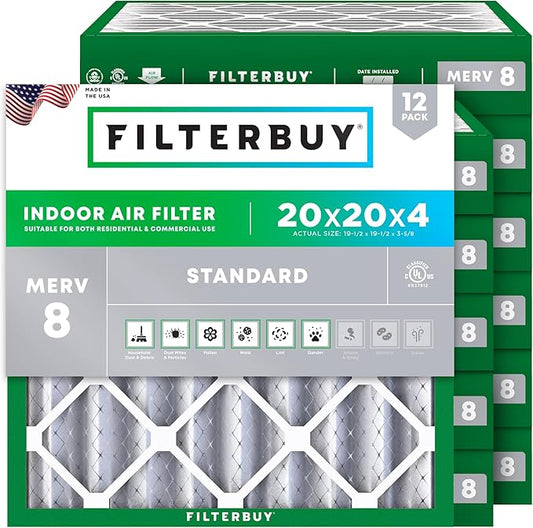Filterbuy 20x20x4 Air Filter MERV 8 Dust Defense (12-Pack), Pleated HVAC AC Furnace Air Filters Replacement (Actual Size: 19.50 x 19.50 x 3.63 Inches)