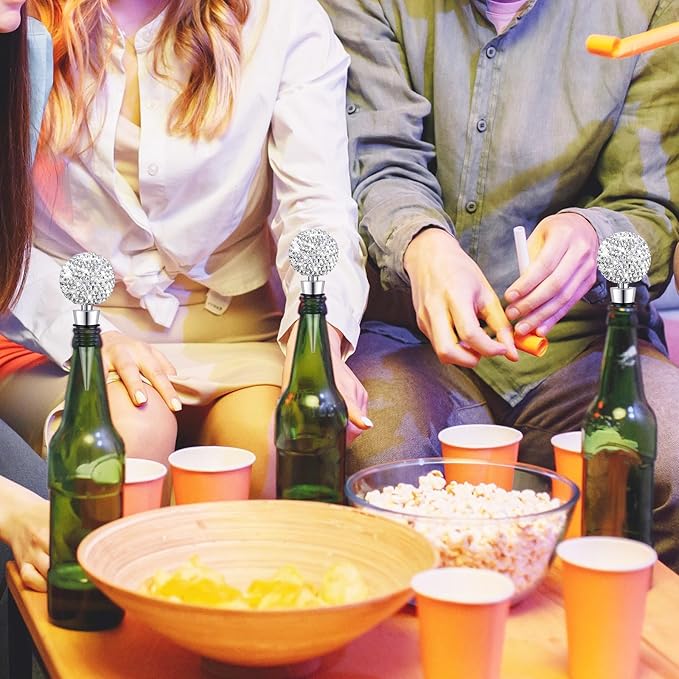 Crystal Wine Bottle Stopper Diamond Wine Stoppers Reusable Zinc Alloy Silicone Beverage Saver Corks Wine Decorative Bottle Stoppers with Sheer Bags for Wedding Bar Gifts(Silver,12 Set)