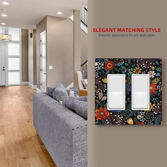 Vintage Colorful Flower Boho Floral Rustic Dark Leaves 2 Gang Rocker Decora Light Switch Covers Dual Outlet Covers Wall Plate Decorative Switchplate Electrical Faceplate GFCI for Farmhouse Bedroom