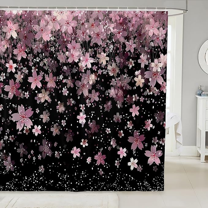 Feelyou Cherry Blossoms Shower Curtain 72"x78" Kids Sakura Flower Bathroom Shower Curtain Set for Boys Girls Teens Romantic Floral Botanical Bath Curtain Pink Black Bathroom Accessories