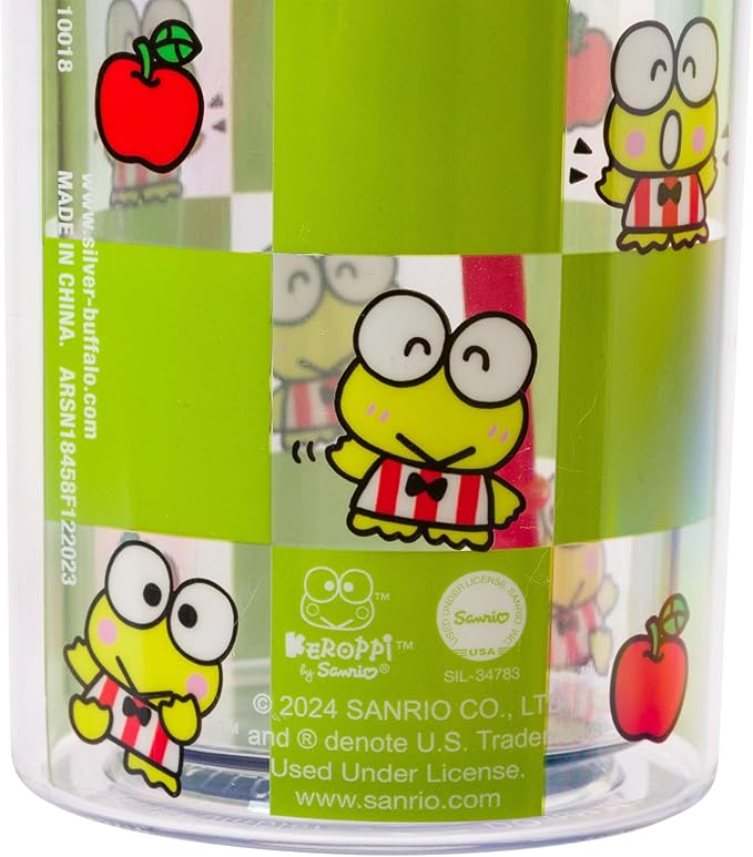 Silver Buffalo Sanrio Hello Kitty and Friends Keroppi Green Checkered Plastic Cold Cup with Lid and Straw, 20 Ounces