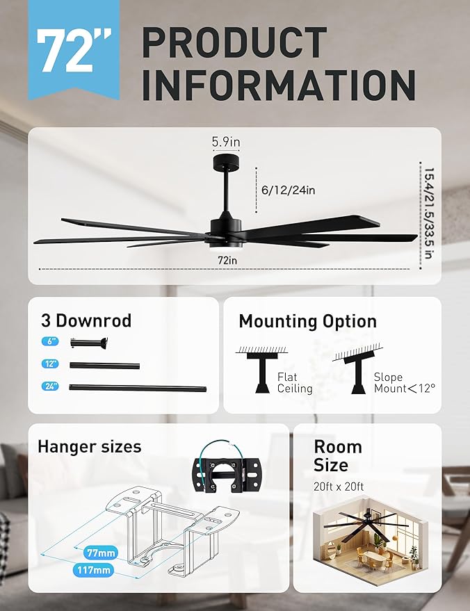 72" Wood Black Smart Ceiling Fan with Light and Remote via WIFI Alexa APP Control,6 Speed Quiet DC Motor,Dimmable LED Light,Indoor Outdoor Ceiling Fans for Patios or Bedroom