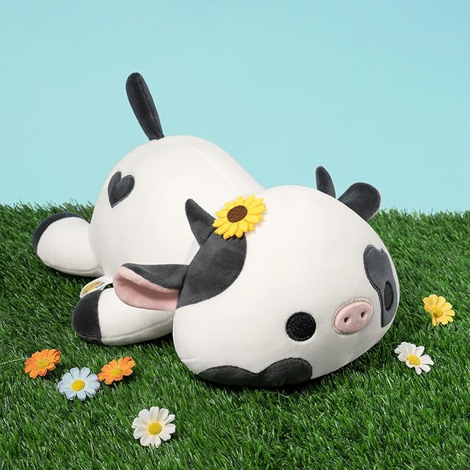 Onsoyours Cute Cow Plushie with Sunflower Headwear, Soft Stuffed Milk Cow Squishy Plush Animal Toy Flower Cow Pillow for Kids (Sunflower Cow, 12")