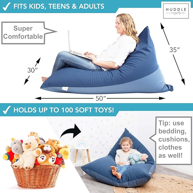 Stuffed Animal Bean Bag Storage - Machine Washable Bean Bag Chair for Kids - Extra Large Cover for Stuffing with Plush Toys, Pillows, Soft Items - Stuffed Animal Holder for Boys & Girls - Blue Denim