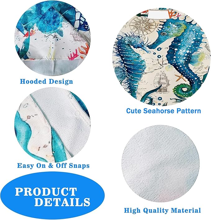 Seahorse Beach Towel with Hood for Boys Girls Premium Microfiber Kids Hooded Bath Towel Toddler Swim Pool Cover Up for 2-8 Years