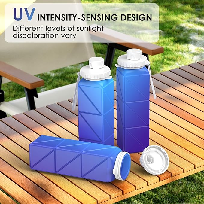 Collapsible Water Bottles,BPA-Free Leak-Proof Silicone Foldable Water Bottle Cup 20.6oz,Durable Lightweight Bottle for Gym Travel Camping Hiking Running (UV Discoloration)