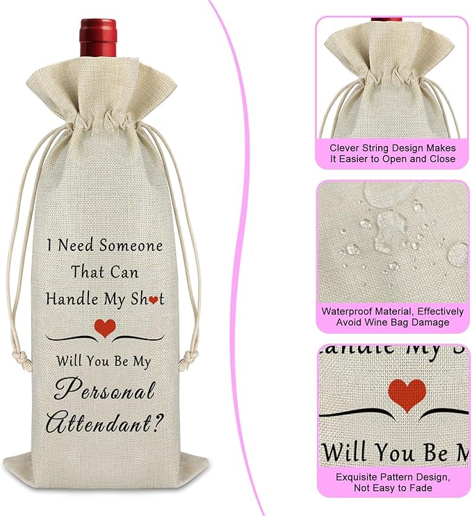 Gfhzdmf Wedding Wine Gift Bag Personal Attendant Wine Bag Gift for Bridesmaids Bachelor Party Favor Reusable Cotton Burlap Wine Bags Wedding Gift for Bridesmaids Brides Assistant Wine Bottle Cover