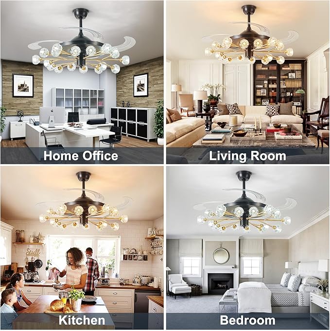 Sputnik Ceiling Fan with Light: Chandelier with Fan for Living Room - Black Fandelier with 18 Lights and Crystal for Dining Room Bedroom - 42" Retractable Ceiling Fan with Lights