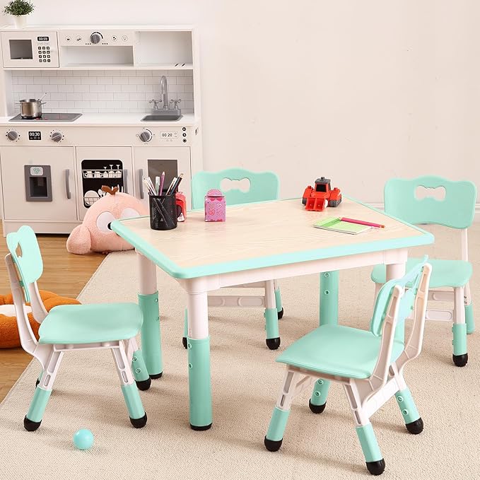 Kids Table and Chairs Set, Height Adjustable Desk With 4 Seats for Ages 2-10,Arts & Crafts Table,Graffiti Desktop, Non-Slip Legs, Max 300lbs, Children Multi-Activity Table for Classrooms,Daycares,Home