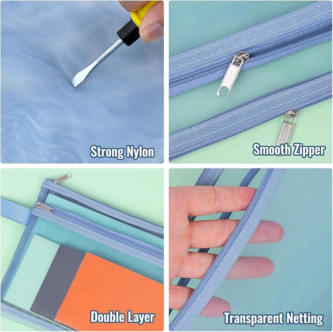 EOOUT 10 Pack Colored Mesh Zipper Pouch Bags, A5 Double-Layer Nylon Puzzle Organizers and Storage Building Block Board Game Storage Breathable Clear Zipper Bags for Office Home Games