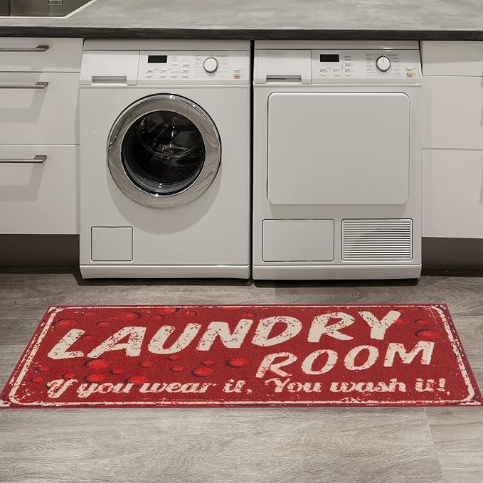 Ottomanson Laundry Collection Non-Slip Rubberback Laundry Text Design 2x5 Laundry Room Runner Rug, 20" x 59", Red