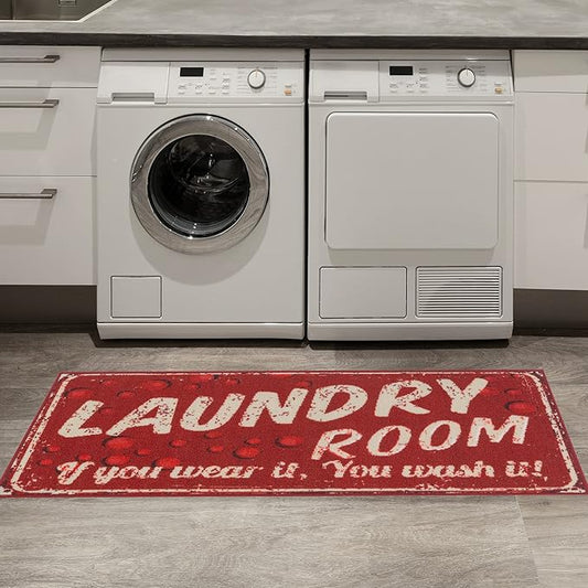Ottomanson Laundry Collection Non-Slip Rubberback Laundry Text Design 2x5 Laundry Room Runner Rug, 20" x 59", Red