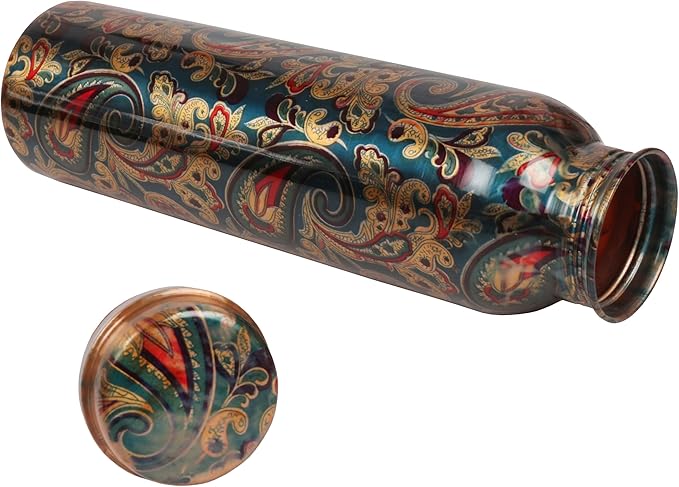 Pure Copper Water Bottle - Handcrafted - Ayurveda Health Benefits -Paisley Floral Prints 35 OZ - Leak proof - Easy to carry For Sports, Fitness, Yoga, School - Vintage Enamel.