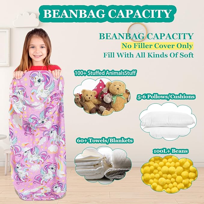 Stuffed Animal Bean Bag Storage Chair for Kids Cover Only (No Filler), Organize, Sit, Play & Boxing, 100% Cotton Canvas Washable, Ultra Soft Cylinder Long Vertical Zipper Best Gift for Child