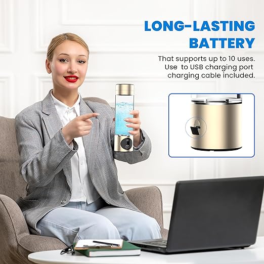 Gold Hydrogen Water Bottle Generator- [+3000-5000PPB] Latest Generation Hydrogen Generator Water Bottle with LED Display & Extended Battery Life- Compact, Portable (Gold)